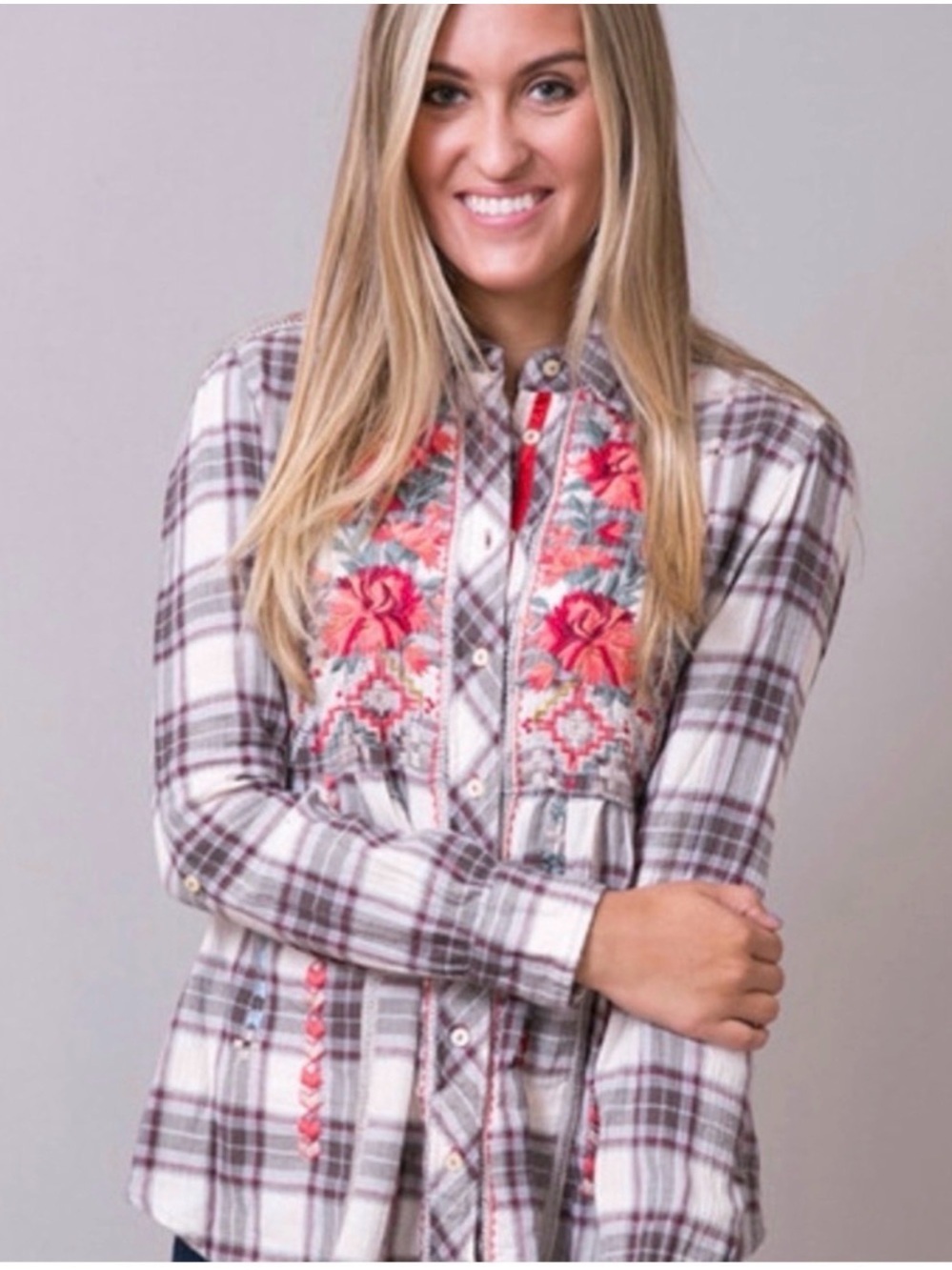 Johnny Was Workshop Plaid Embroidered Button Up Shirt Grey/White Check Floral S